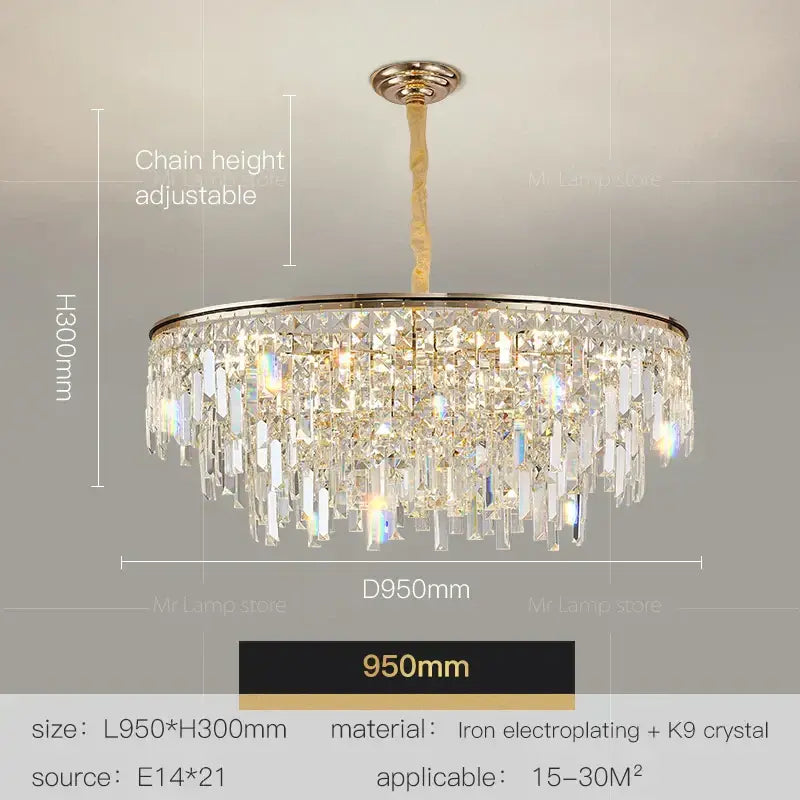 Luxury gold decorbites crystal led chandelier with polished iron frame and cascading k9 crystals for living room