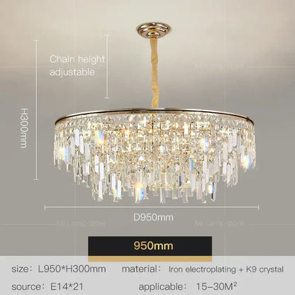 Luxury gold decorbites crystal led chandelier with polished iron frame and cascading k9 crystals for living room