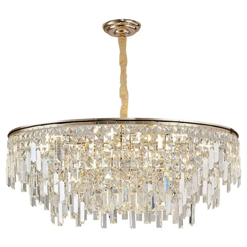 Luxury gold decorbites crystal led chandelier with a gold metal frame and cascading clear prismatic crystals for living room