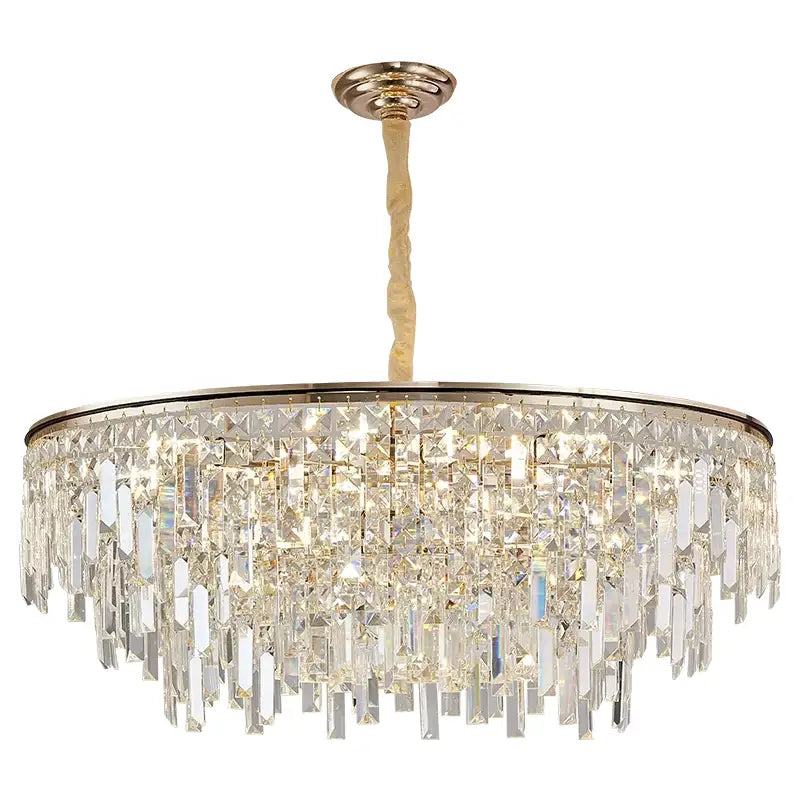 Elegant decorbites crystal led chandelier with gold-toned frame and cascading clear prismatic crystals for living room