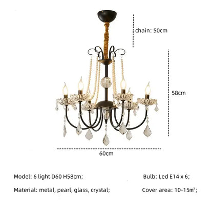 An elegant black metal decorbites crystal led chandelier with six arms and crystal droplets for living room lighting