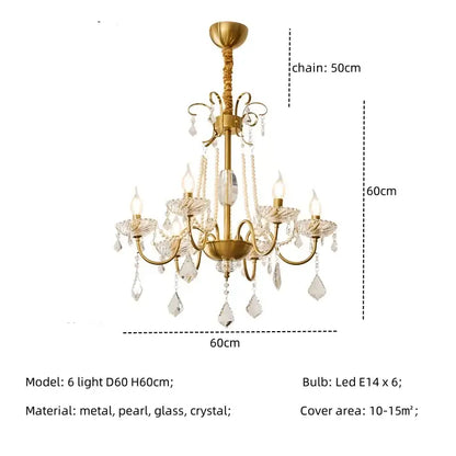 Luxury gold decorbites crystal led chandelier with six arms, crystal droplets, and glass shades for living room lighting