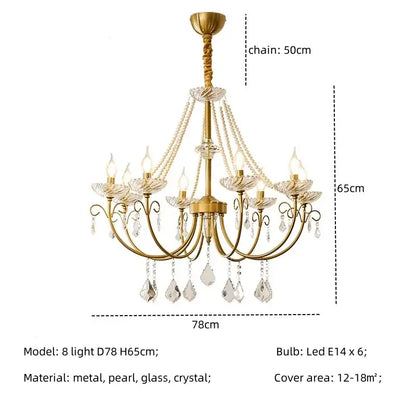 Luxury gold decorbites crystal led chandelier with eight arms crystal droplets and pearl-like beads for living room lighting