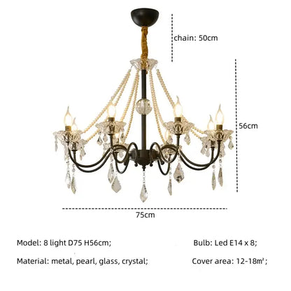 Elegant black metal decorbites crystal led chandelier with pearl strands and eight led lights for living room decor
