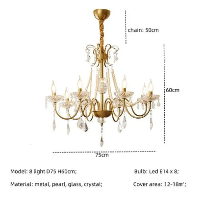 Luxury gold decorbites crystal led chandelier with eight arms crystal droplets and pearl accents for living room lighting