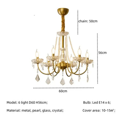 Luxury gold decorbites crystal led chandelier with six arms, crystal droplets, and pearl accents for living room pendant light