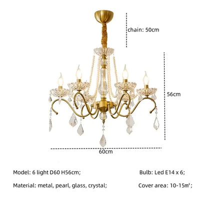 Elegant gold decorbites crystal led chandelier with six candle-style lights and crystal droplets for living room pendant light