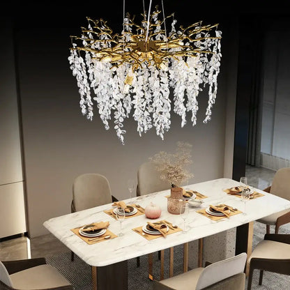 Luxury gold decorbites grape crystal chandelier with golden branch design and cascading clear crystal leaves for dining room light