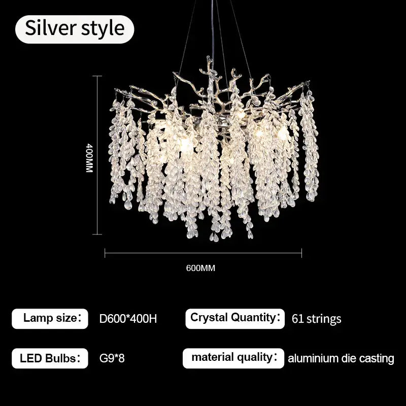 Elegant decorbites grape crystal chandelier with silver-toned aluminum die-cast frame for luxury dining room light
