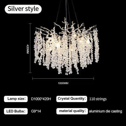 Elegant silver-toned decorbites grape crystal chandelier with cascading strands and aluminum die-cast frame for dining room light