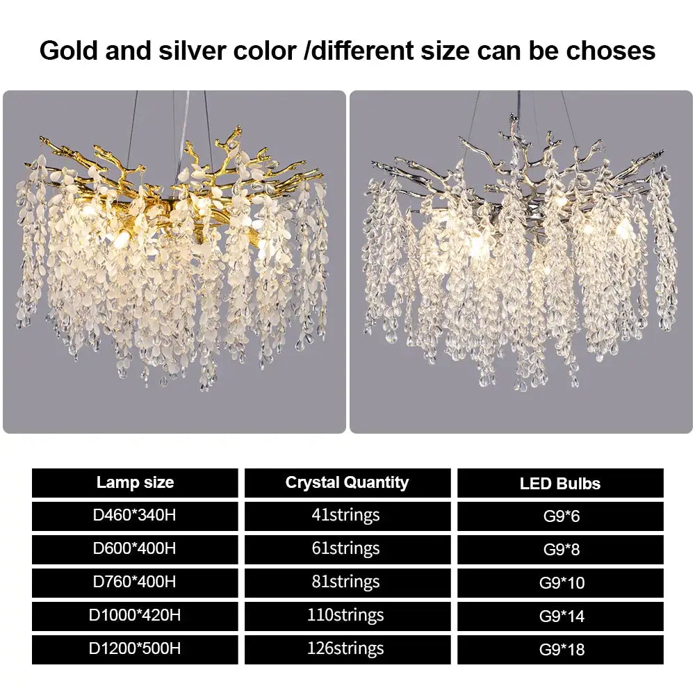Luxury gold decorbites grape crystal chandelier with tree branch design and cascading clear crystals for dining room light