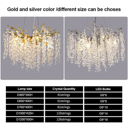 Luxury gold decorbites grape crystal chandelier with tree branch design and cascading clear crystals for dining room light