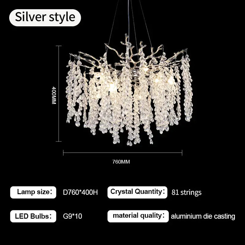Elegant silver-toned decorbites grape crystal chandelier with cascading strands and aluminum die-cast frame for dining room light