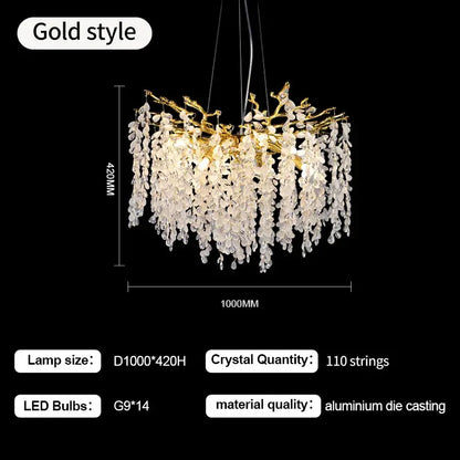 Luxury gold decorbites grape crystal chandelier with cascading clear crystal droplets and branching metal frame for dining room light