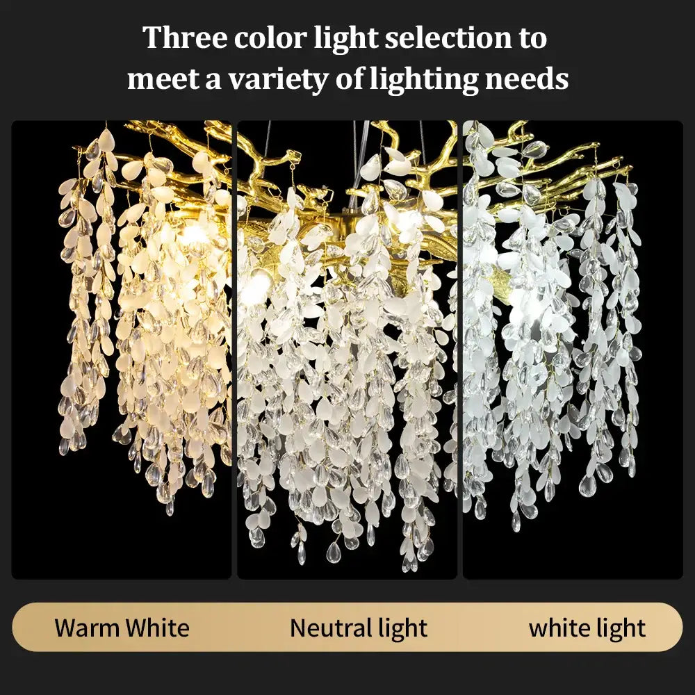 Elegant gold decorbites grape crystal chandelier with cascading clear leaves and three color light options for dining rooms