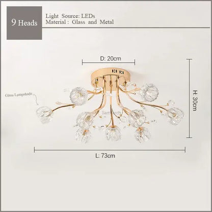 Luxury gold dendritic crystal ceiling lamp with nine floral crystal glass lampshades for dining room decorbites dendritic crystal