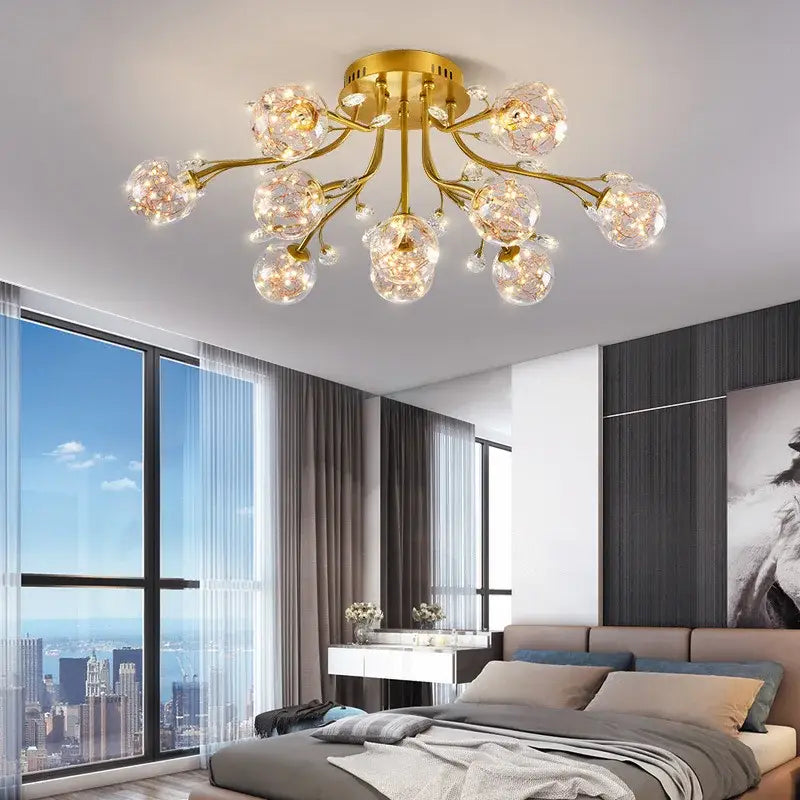Luxury gold dendritic crystal ceiling lamp with branching arms and multiple globe shades for dining room decorbites decor
