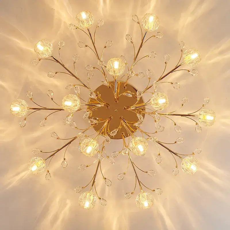 Gold-toned luxury decorbites dendritic crystal ceiling lamp with spherical glass shades for dining room decor