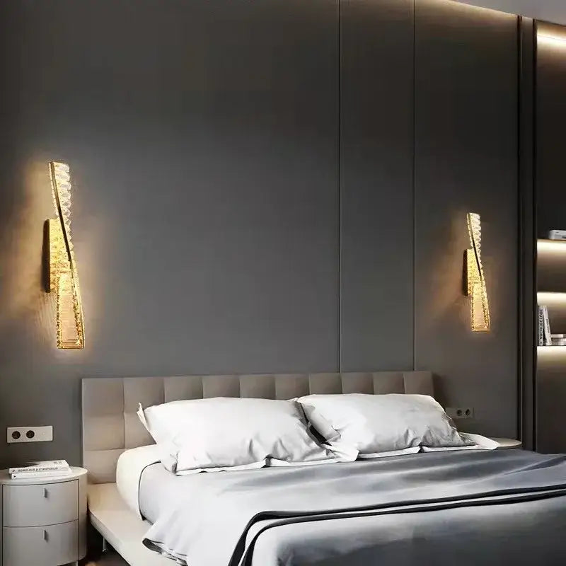 Luxury gold dimmable crystal wall sconce with decorbites dimmable crystal design illuminates dark gray bedroom walls