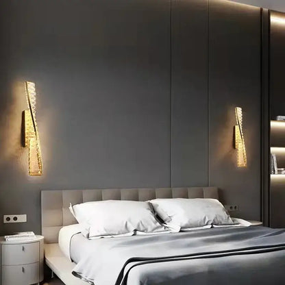 Luxury gold dimmable crystal wall sconce with decorbites dimmable crystal design illuminates dark gray bedroom walls