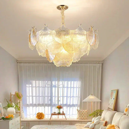 Luxury gold glass shell ceiling pendant light featuring delicate translucent scalloped shades and warm illumination