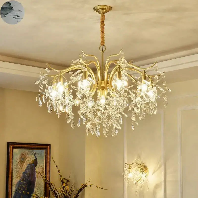 Luxury gold leaf decorbites crystal led chandelier with intricate design and clear glass droplets for living room lighting