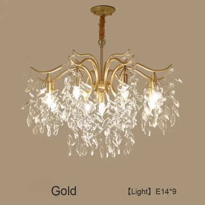 Luxury gold decorbites crystal led chandelier with intricate leaf arms and cascading clear crystal droplets for living rooms
