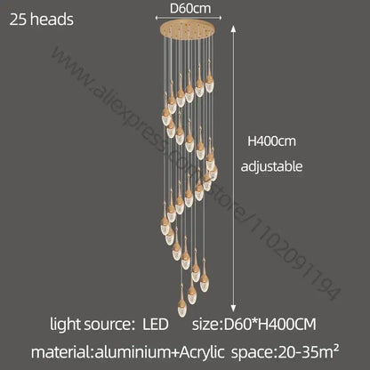 Luxury gold led staircase chandelier with 25 adjustable heads, brass-toned aluminum base, and acrylic teardrop lights by decorbites gold led