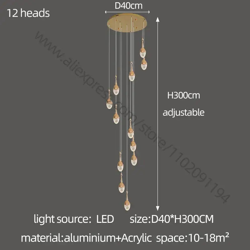 Luxury gold led staircase chandelier with 12 crystal-encased led light heads and adjustable aluminum mount decorbites gold led