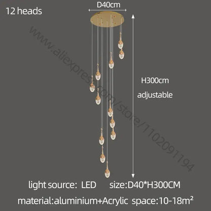 Luxury gold led staircase chandelier with 12 crystal-encased led light heads and adjustable aluminum mount decorbites gold led