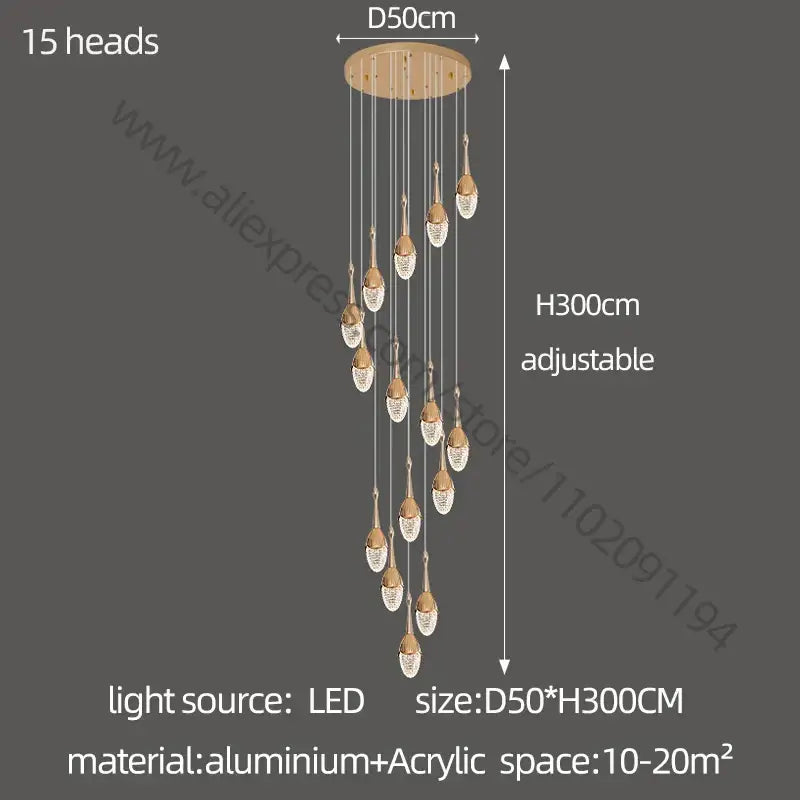 A modern adjustable 15-head decorbites gold led staircase chandelier with wooden base and acrylic crystal pendants