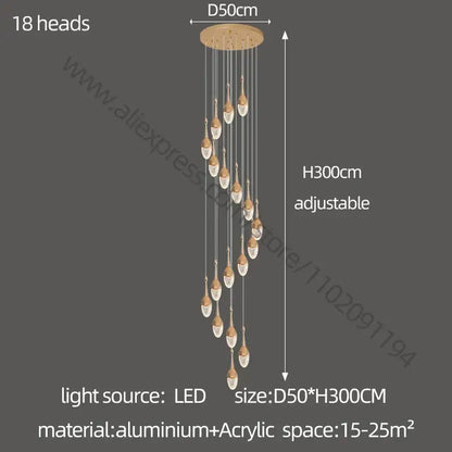 Luxury gold led staircase chandelier featuring 18 adjustable teardrop led heads on a circular aluminum decorbites gold led base