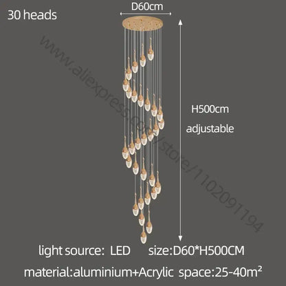 Luxury gold led staircase chandelier with 30 adjustable heads and teardrop acrylic lights for decorbites gold led decor