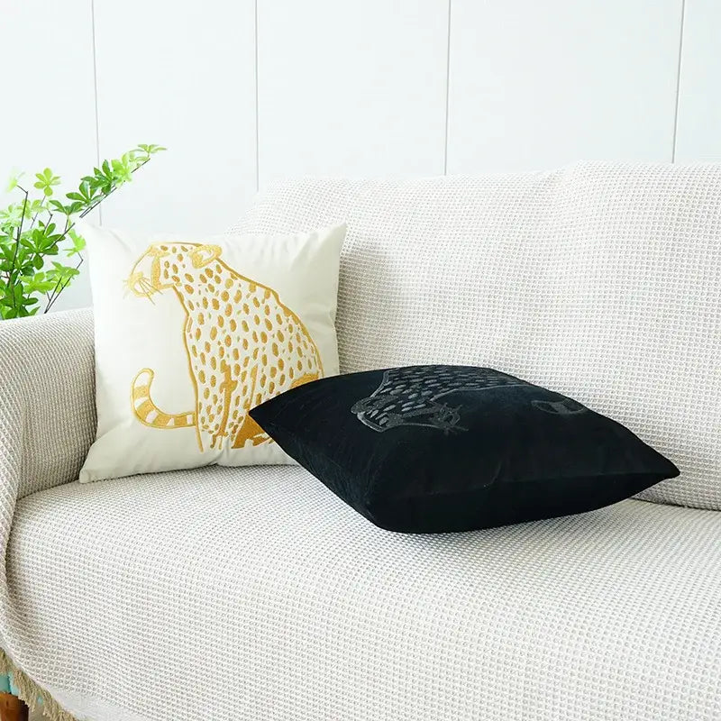 Cream-colored velvet pillow case with gold-embroidered leopard design for decorbites gold leopard living room cushion cover