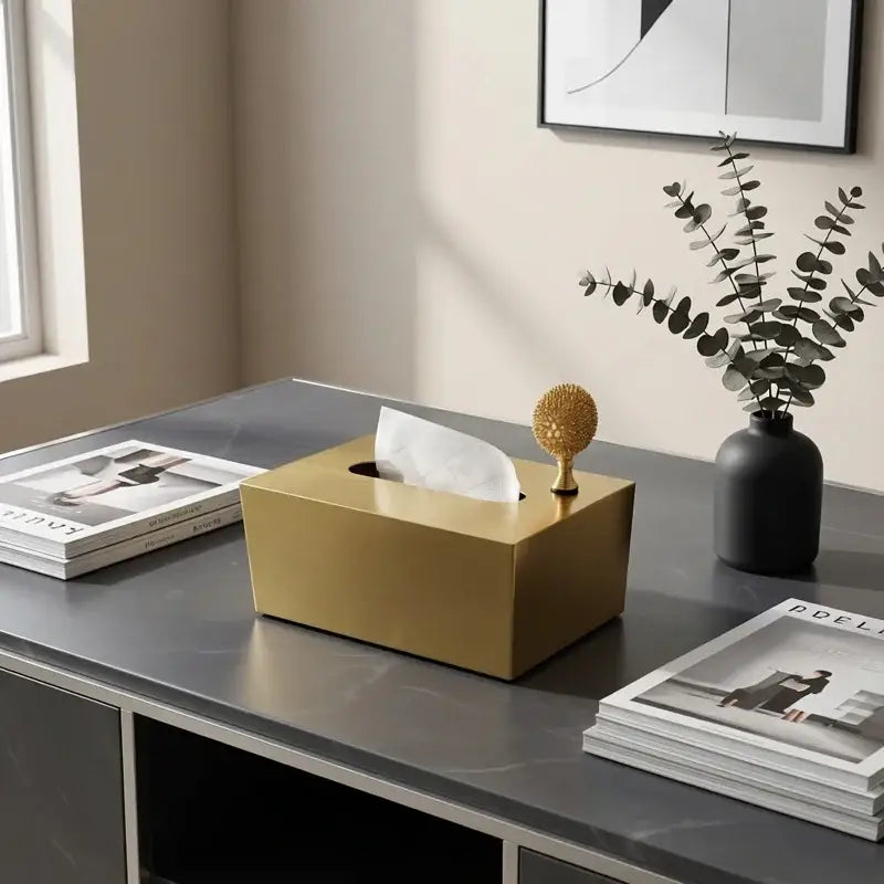 Luxury gold metal tissue box with sleek metallic finish and ornate spherical knob for living room storage