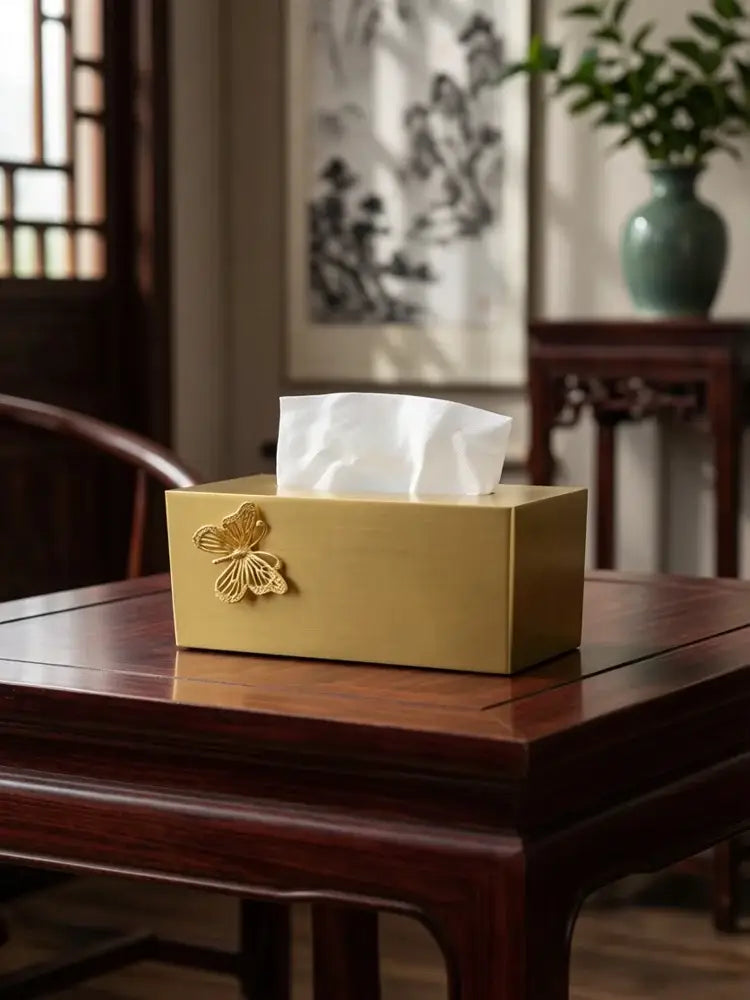 Luxury gold metal rectangular tissue box with ornate butterfly embellishment for living room storage with deer figurine