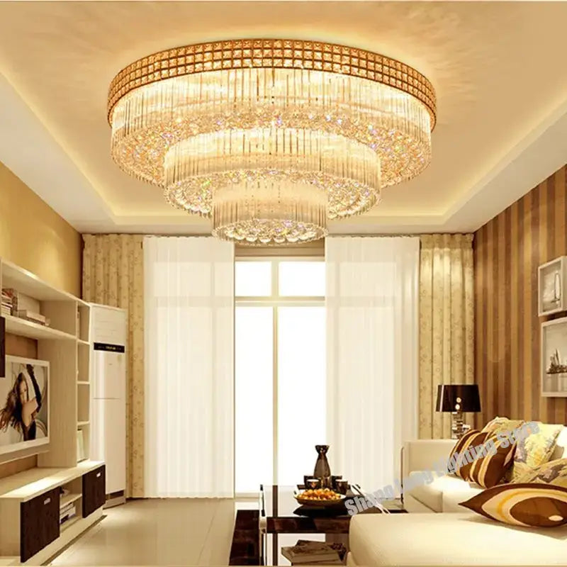 Luxury gold multi-tiered crystal led chandelier with cascading clear crystals for elegant living room lighting