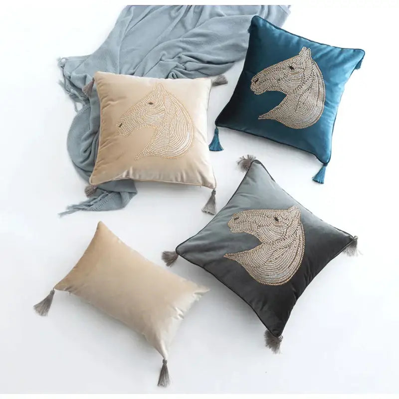 Luxury gold rhinestone square pillow with beaded horse bedroom accent and velvet embroidered horse head throw pillows in beige teal and gray tones