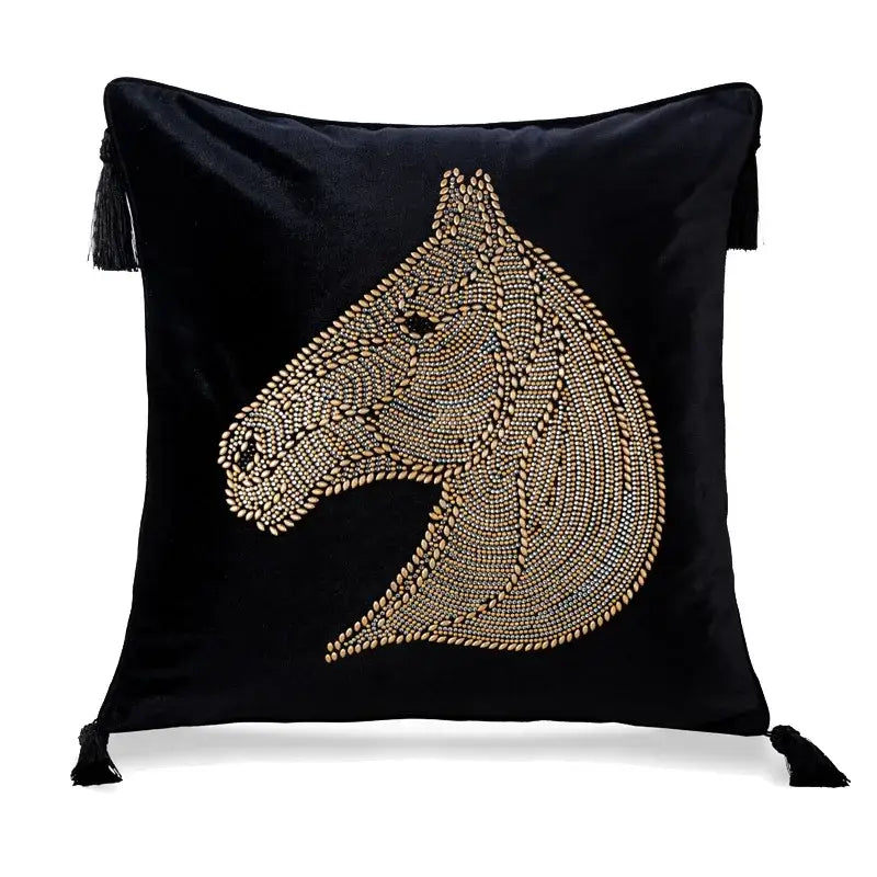 Black velvet rhinestone square pillow with gold rhinestone decorbites beaded horse head and black tassels decorbites gold rhinestone