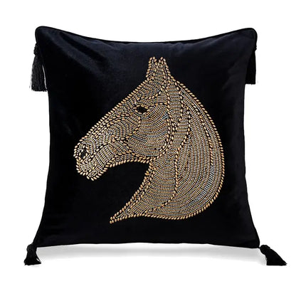 Black velvet rhinestone square pillow with gold rhinestone decorbites beaded horse head and black tassels decorbites gold rhinestone