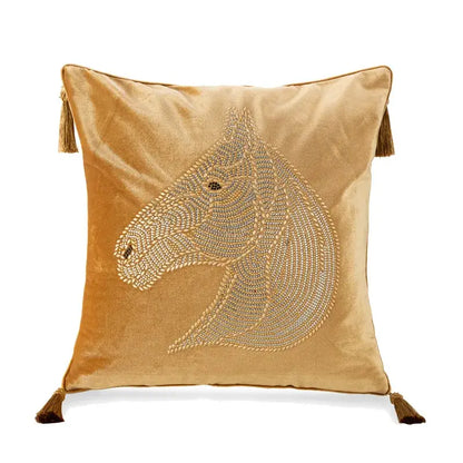 Gold velvet decorbites gold rhinestone square pillow with beaded horse head design and matching tassels for bedroom decor