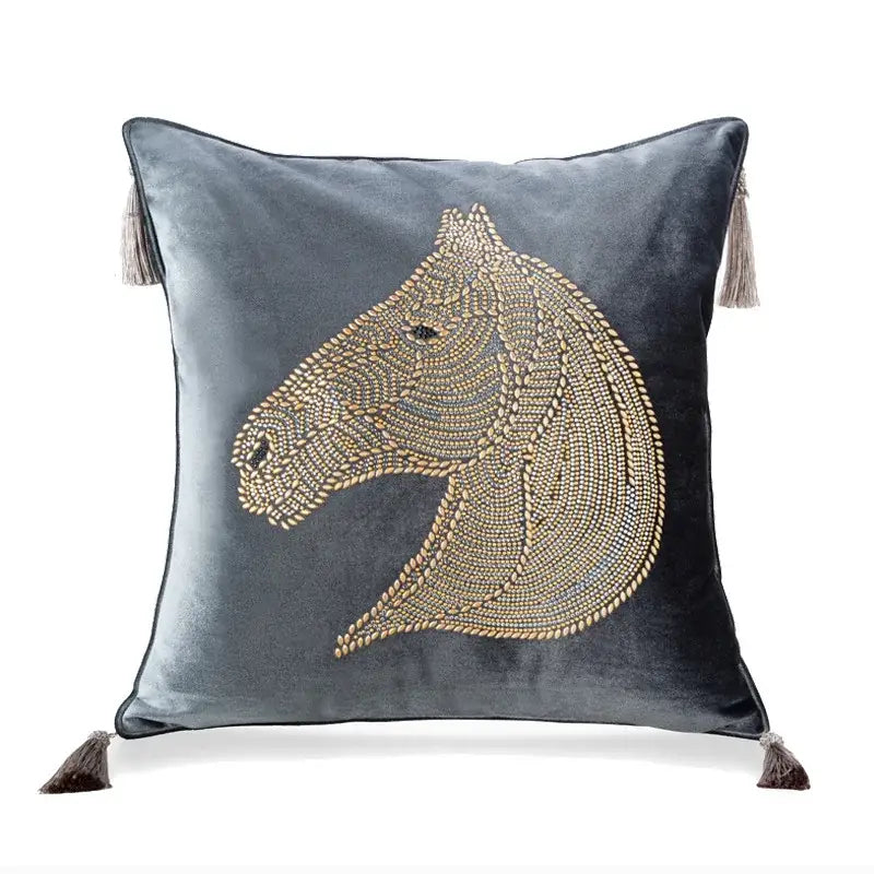 Gray velvet decorbites gold rhinestone square pillow with beaded gold horse head and matching tassels for bedroom decor