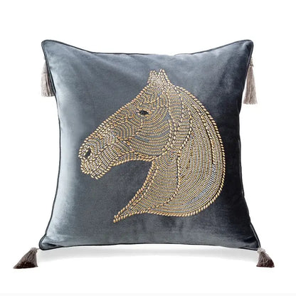 Gray velvet decorbites gold rhinestone square pillow with beaded gold horse head and matching tassels for bedroom decor