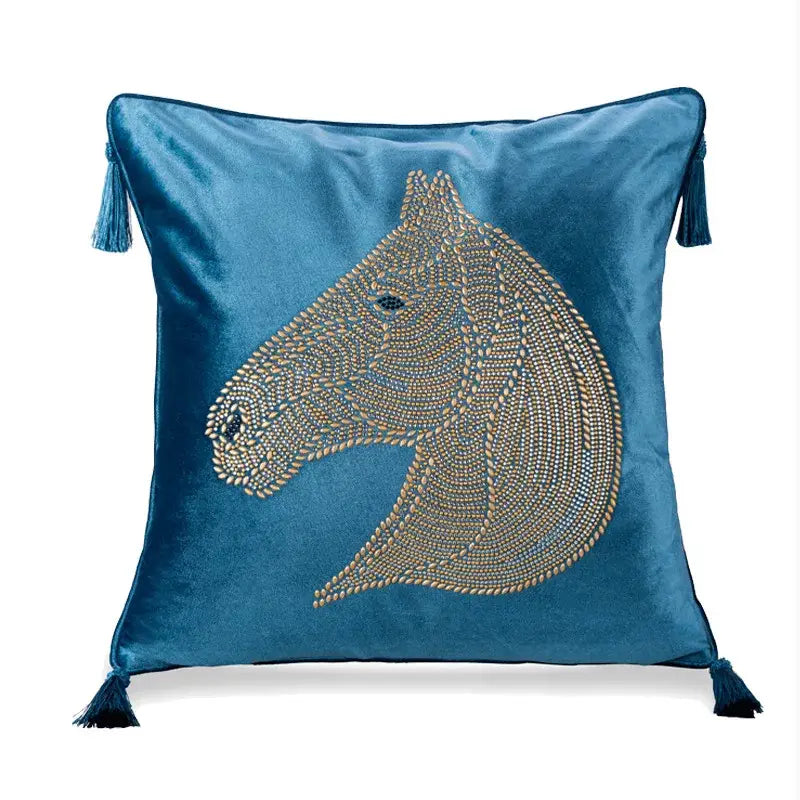 Luxury blue velvet rhinestone square pillow with decorbites gold rhinestone beaded horse head design and tassels decorbites gold rhinestone