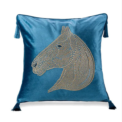 Luxury blue velvet rhinestone square pillow with decorbites gold rhinestone beaded horse head design and tassels decorbites gold rhinestone