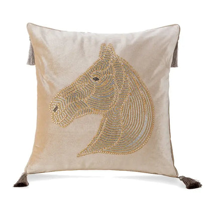 Beige velvet rhinestone square pillow with intricately beaded gold horse head and tassels luxury decorbites gold rhinestone design