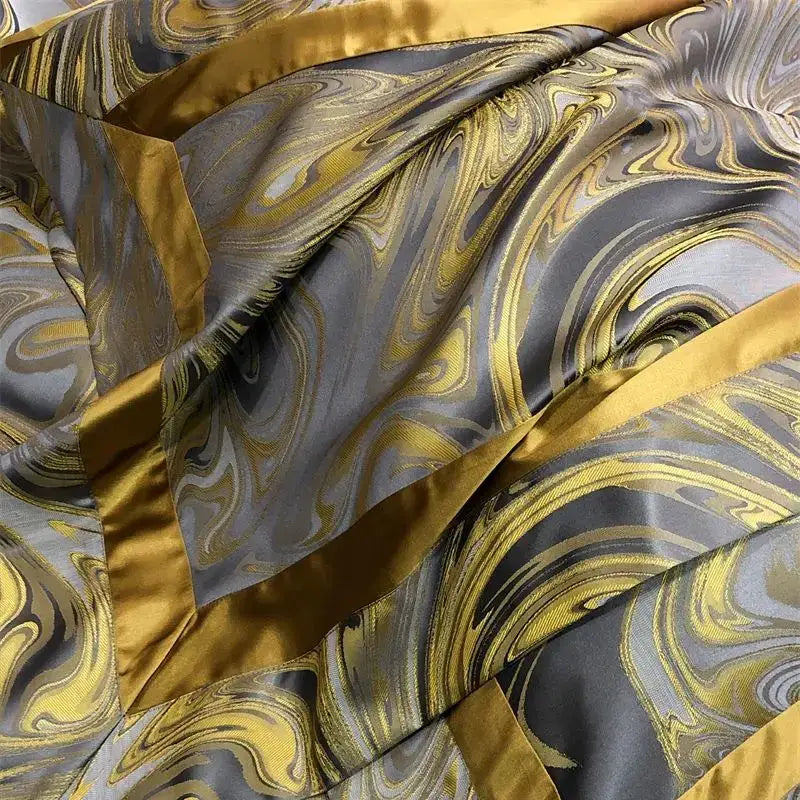 Luxurious silk scarf with metallic gold silver and charcoal gray swirling pattern and golden satin border for brocade satin jacquard bedding set decorbites