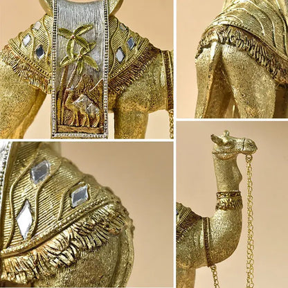 Luxury gold and silver resin art ornament of a camel with intricate detailing and mirrored embellishments for decor