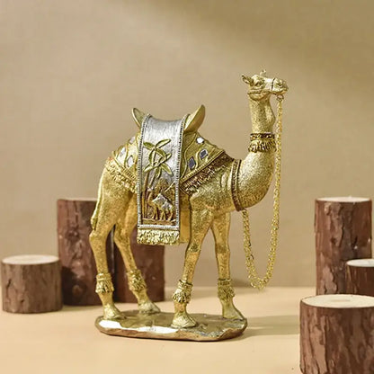 Luxury gold and silver camel resin art ornament with intricate gemstone detailing for elegant living room decor