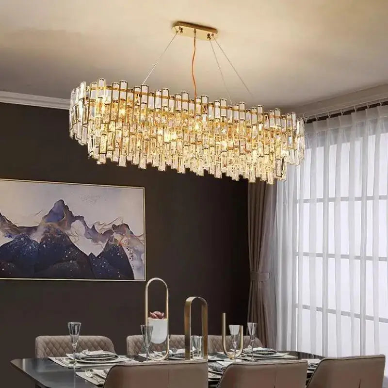 Rectangular luxury gold steel crystal pendant chandelier with gold-toned metal framing and clear crystal rods for dining room decorbites gold steel